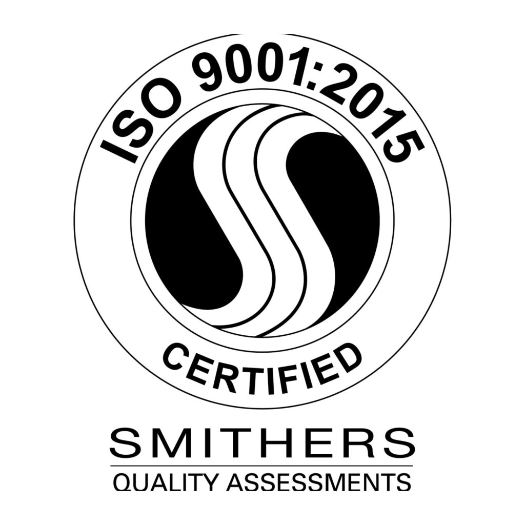 The ISO 9001:2015 Certified badge from Smithers Quality Assessments